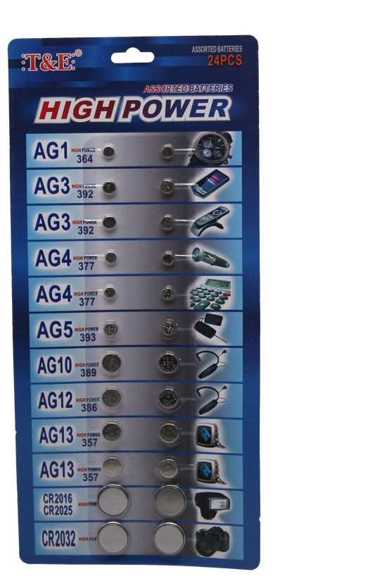 TE 24 Assorted Flat Button Batteries Variety Pack