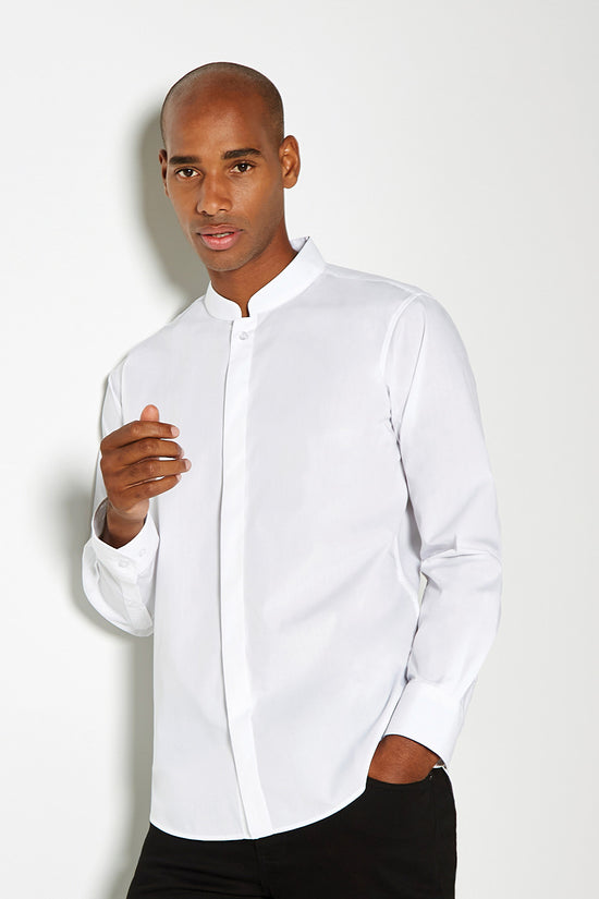Kustom Kit Mandarin Collar Long Sleeve Shirt Tailored Fit