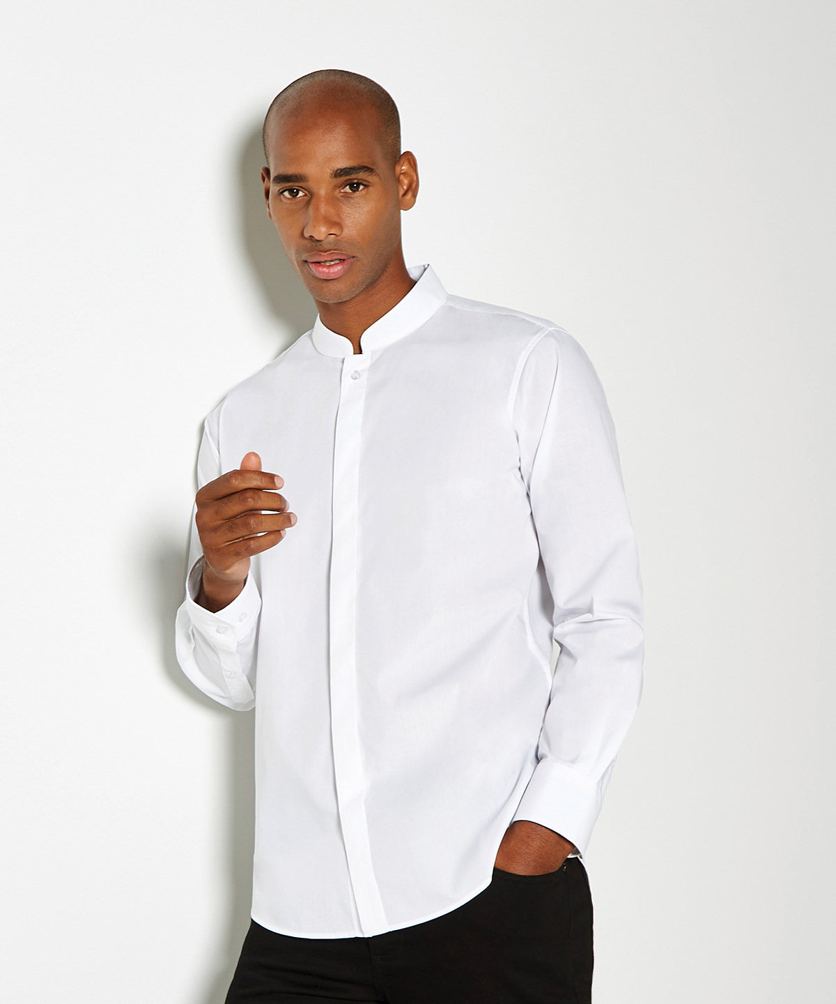 Kustom Kit Mandarin Collar Long Sleeve Shirt Tailored Fit
