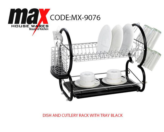 Black Dish Drainer Cutlery Rack with Drip Tray Sleek Kitchen Organizer