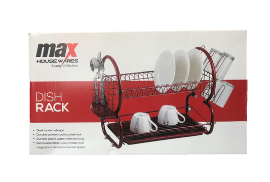 Metallic Red Dish Drainer with Cutlery Rack Drip Tray