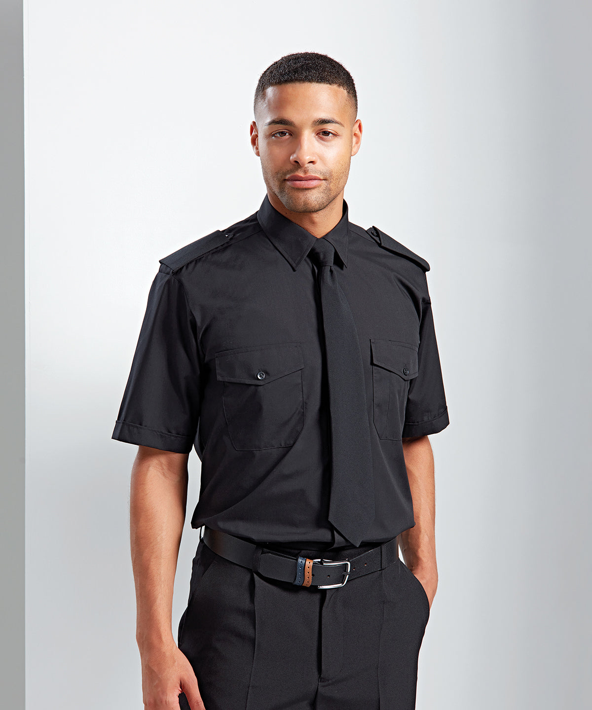 Mens Short Sleeve Pilot Shirt with Stiffened Collar Epaulettes