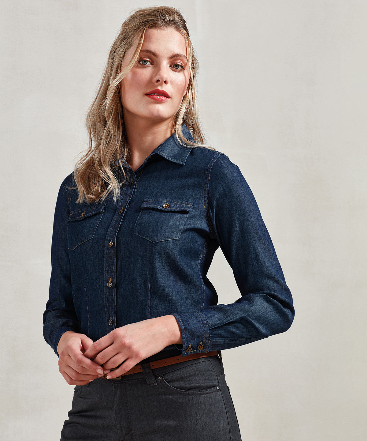 Premier Womens Denim Shirt with Contrast Stitch Detail