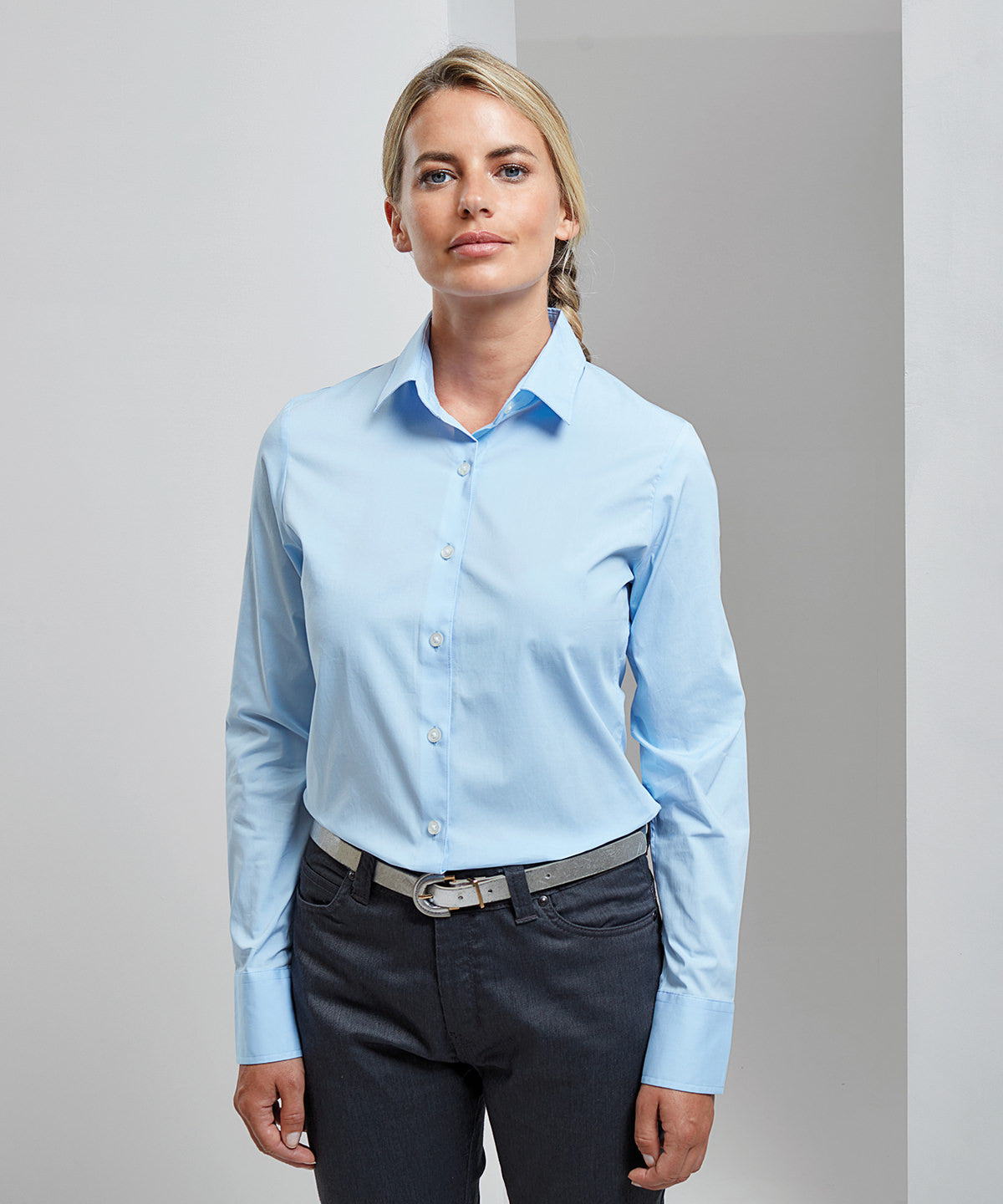 Stretch Fit Cotton Poplin Long Sleeve Blouse for Women