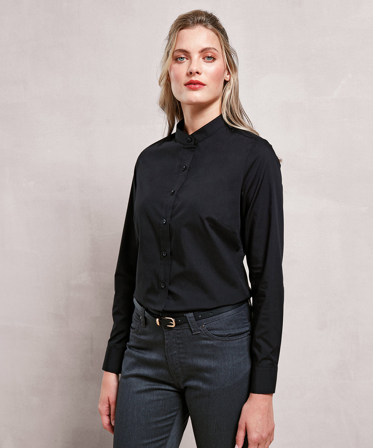 Classic Banded Collar Grandad Shirt for Women