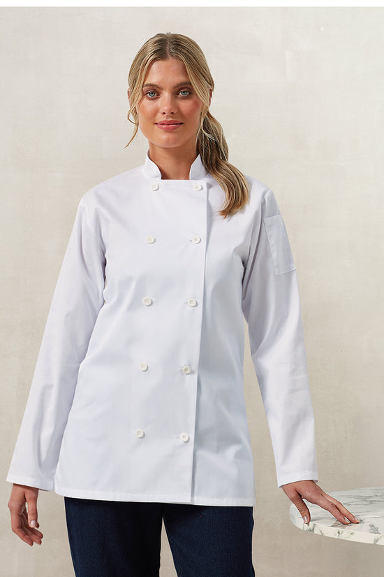 Premier Womens Long Sleeve Chefs Jacket Fitted Style White Buttons