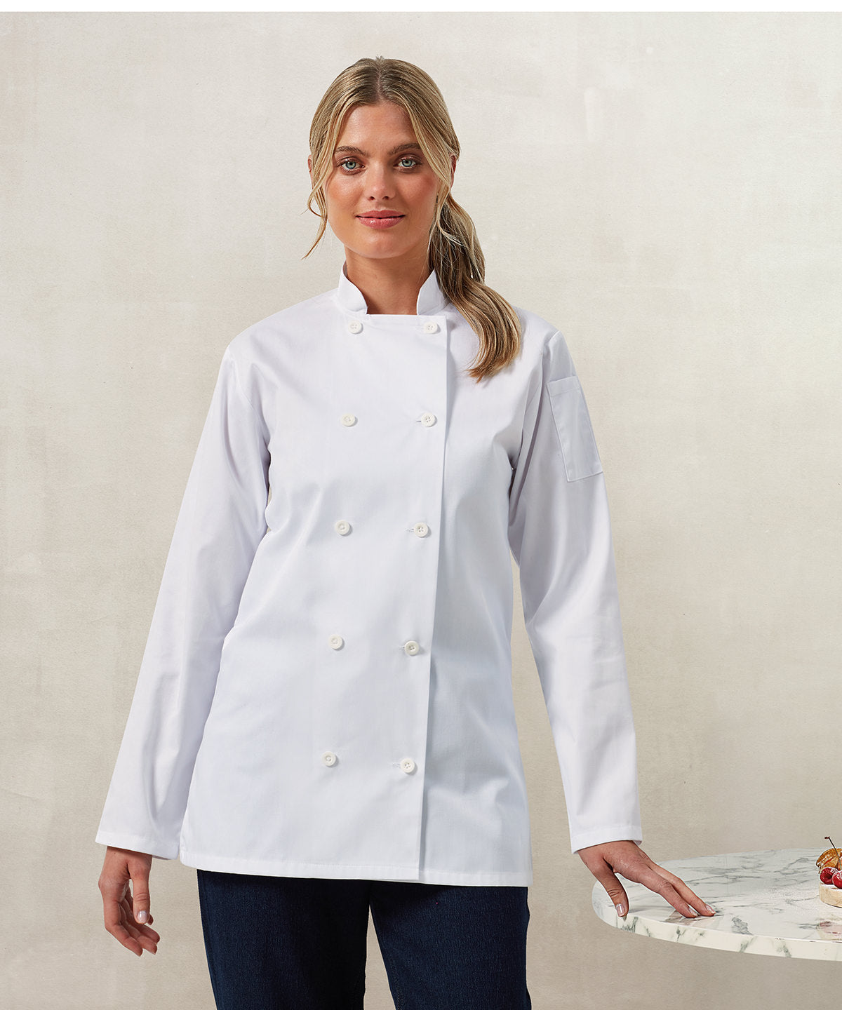 Premier Womens Long Sleeve Chefs Jacket Fitted Style White Buttons