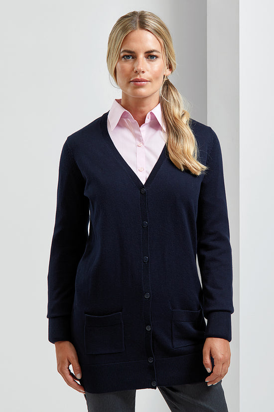 Womens Longline Knitted Cardigan with Ribbed VNeck and Pockets