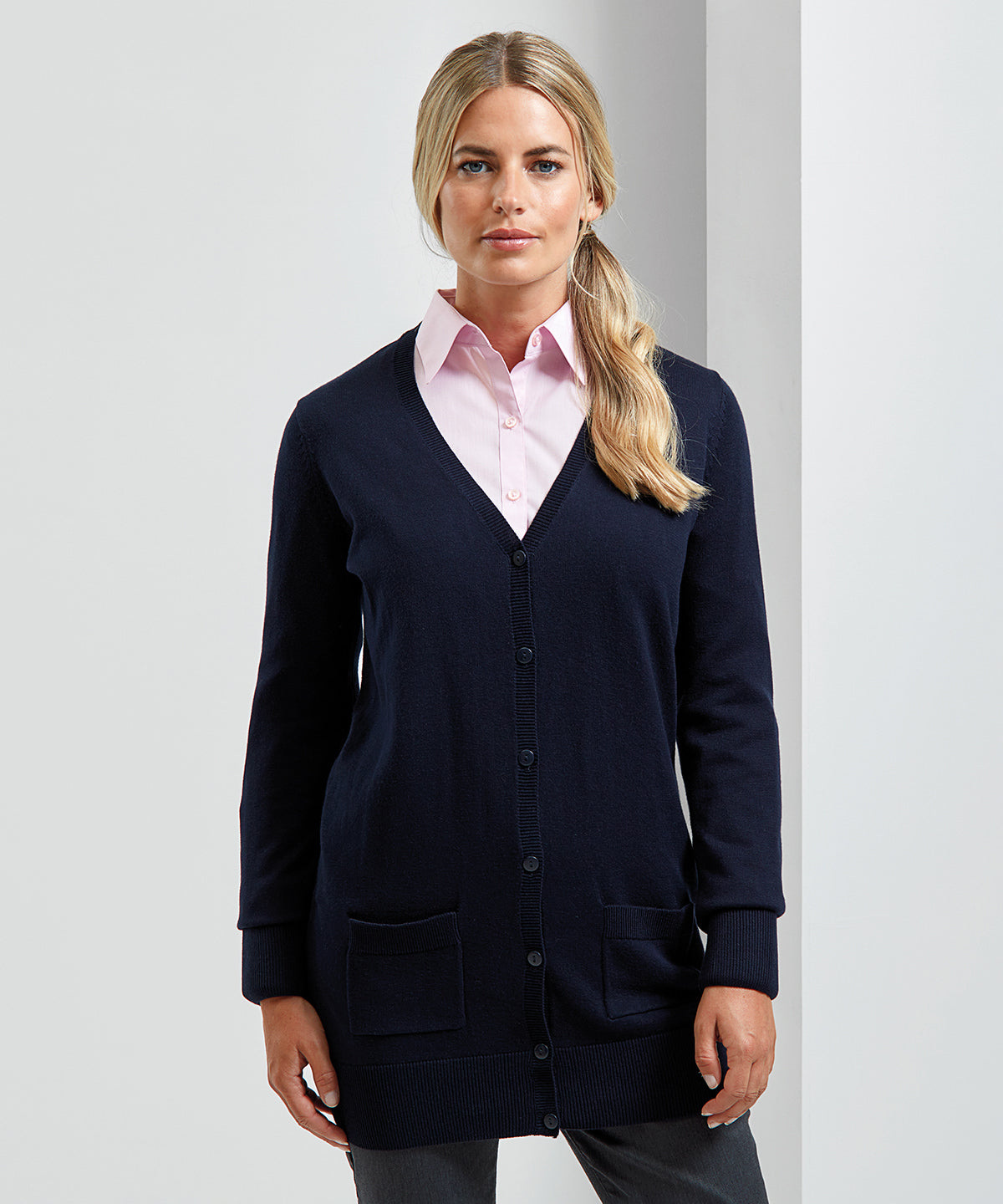 Womens Longline Knitted Cardigan with Ribbed VNeck and Pockets