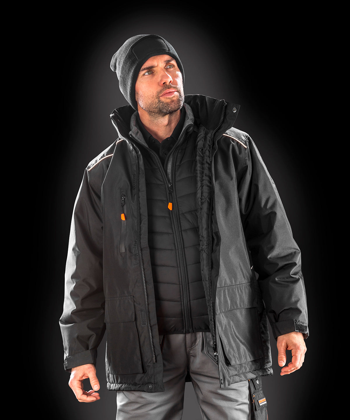 Black WorkGuard Vostex Long Coat Waterproof and Windproof