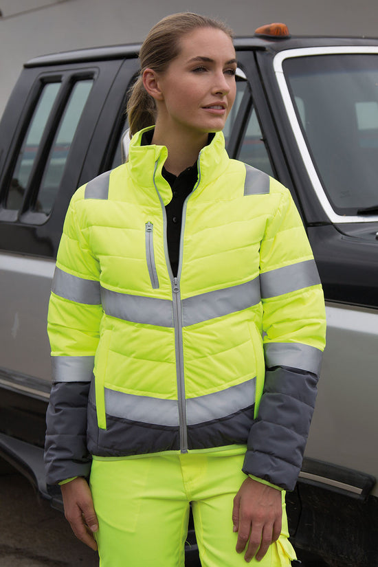 Fluorescent YellowGrey Womens Safety Jacket with High Visibility and Padded Comfort