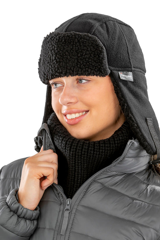 Black Thinsulate Sherpa Hat with Faux Lambswool Detailing