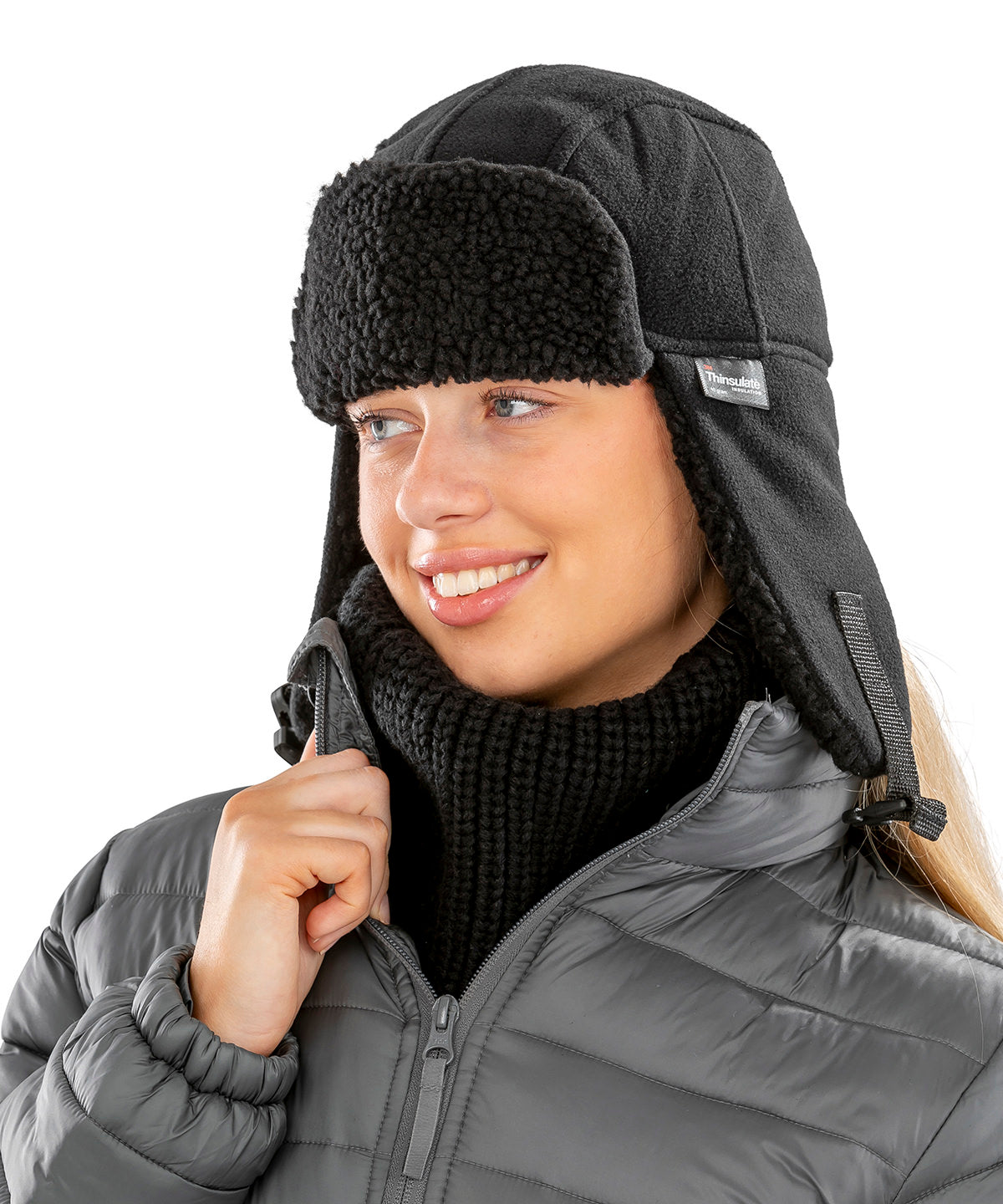 Black Thinsulate Sherpa Hat with Faux Lambswool Detailing