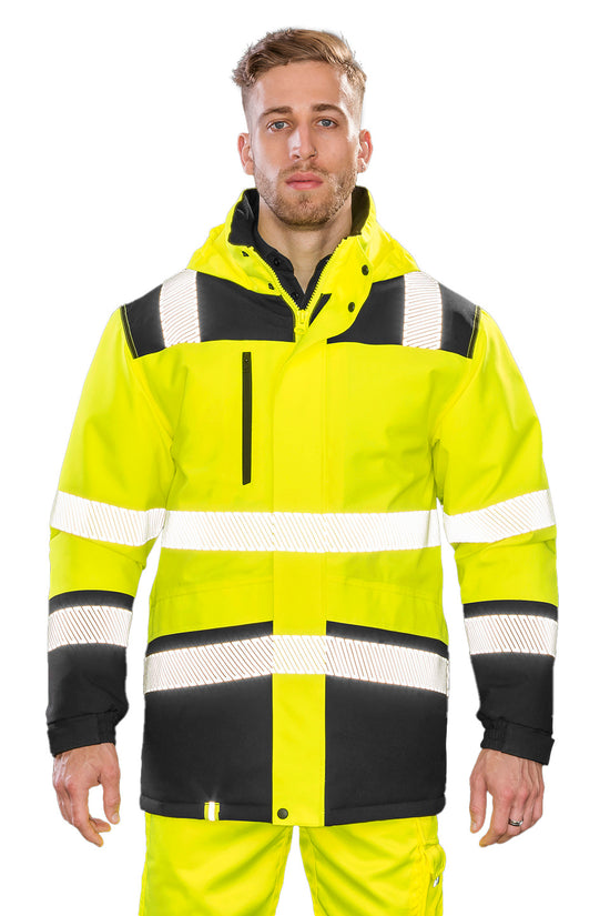 Fluorescent YellowBlack Softshell Safety Coat High Visibility Waterproof Breathable