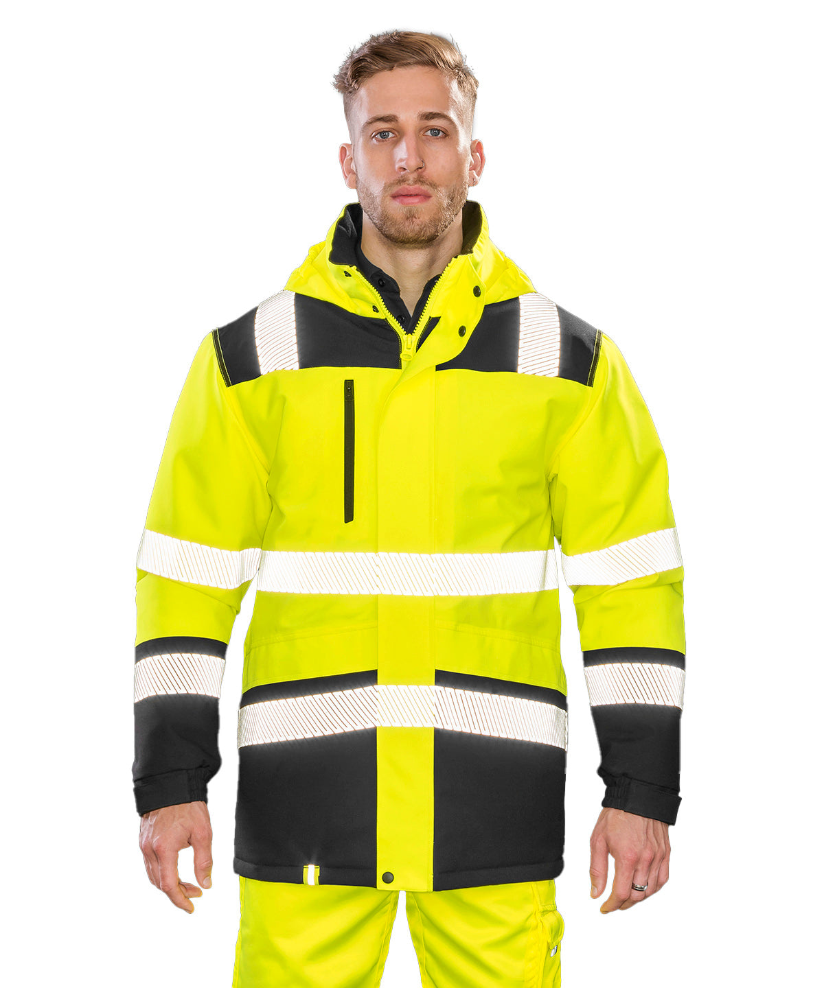Fluorescent YellowBlack Softshell Safety Coat High Visibility Waterproof Breathable