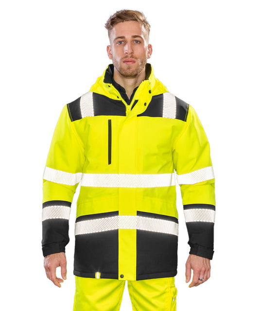 Fluorescent YellowBlack Softshell Safety Coat High Visibility Waterproof Breathable