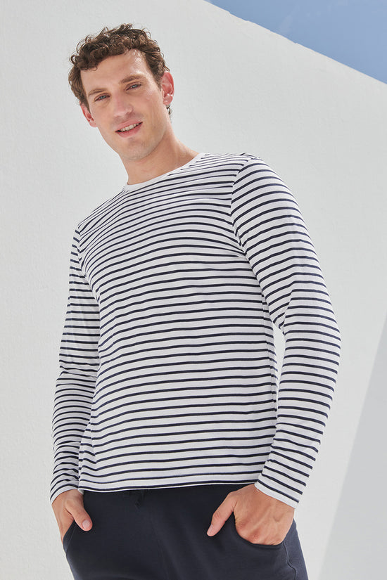 WhiteOxford Navy Unisex LongSleeved Striped TShirt