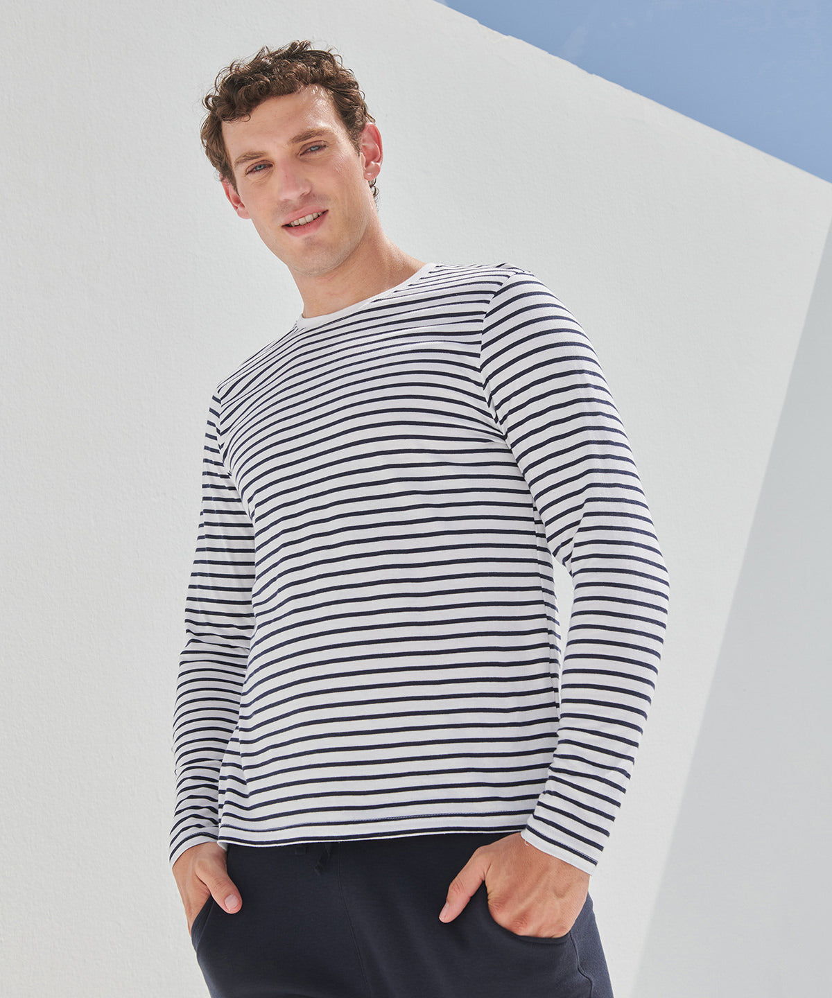 WhiteOxford Navy Unisex LongSleeved Striped TShirt