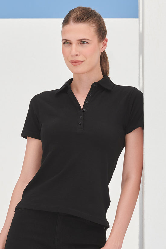 Black Womens Short Sleeve Stretch Polo Shirt Trendy and Comfortable