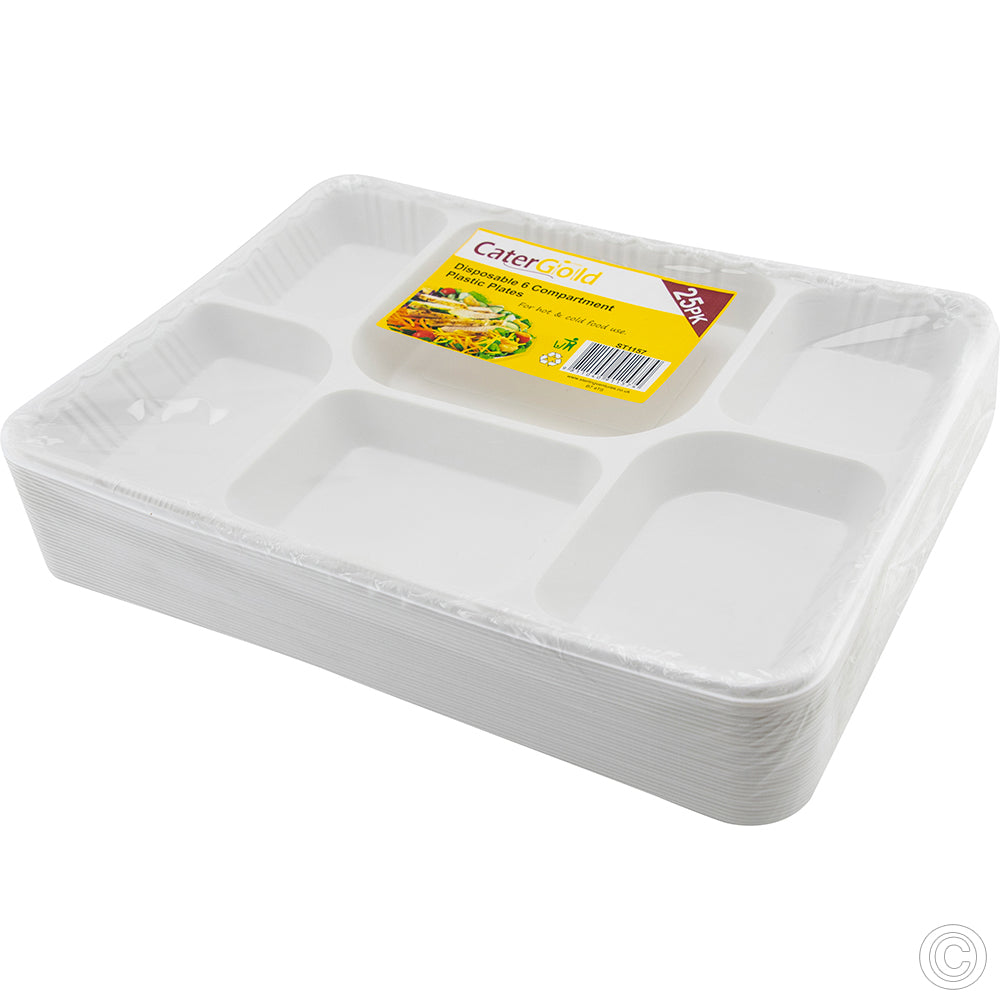 Durable 6 Compartment Plastic Food Trays Pack of 25