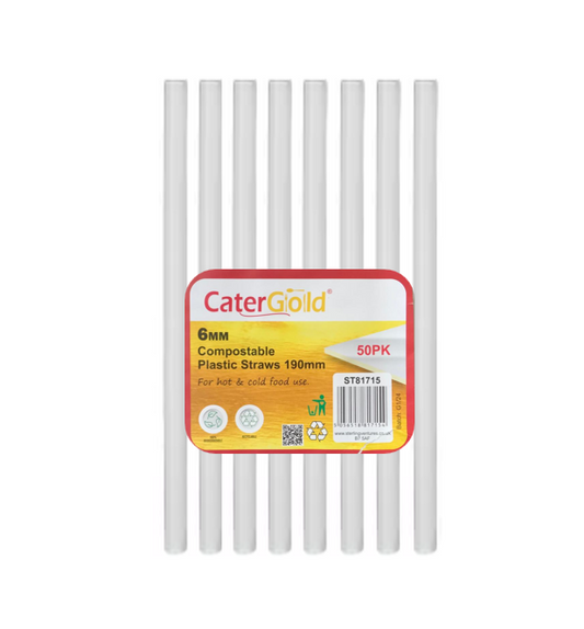 EcoFriendly Compostable Plastic Straws 6 x 190mm Pack of 50