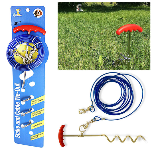 30ft Dog Tie Out Cable and Stake Set for Safe and Secure Pet Containment