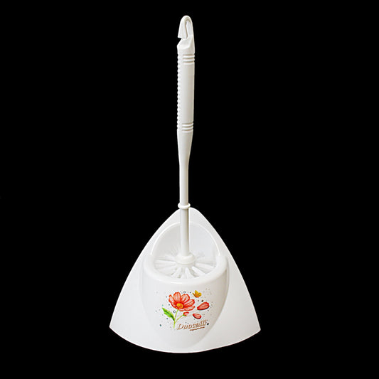 Elegant Floral Print White Plastic Corner Toilet Brush with Stand 30cm