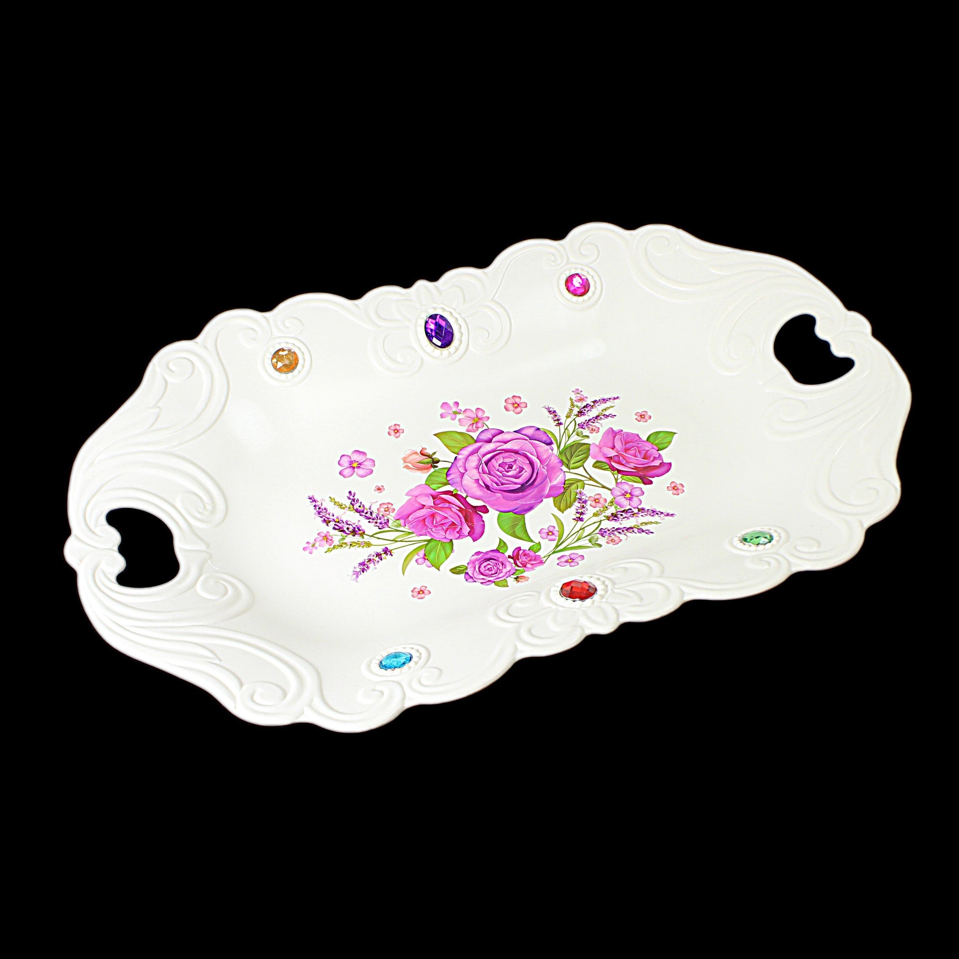 Elegant Plastic Serving Tray with Jeweled Accents and Stylish Printed Design