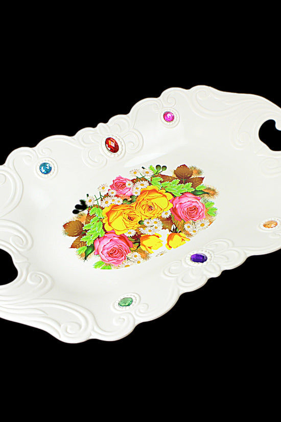 Elegant Plastic Serving Tray with Jeweled Accents and Stylish Printed Design