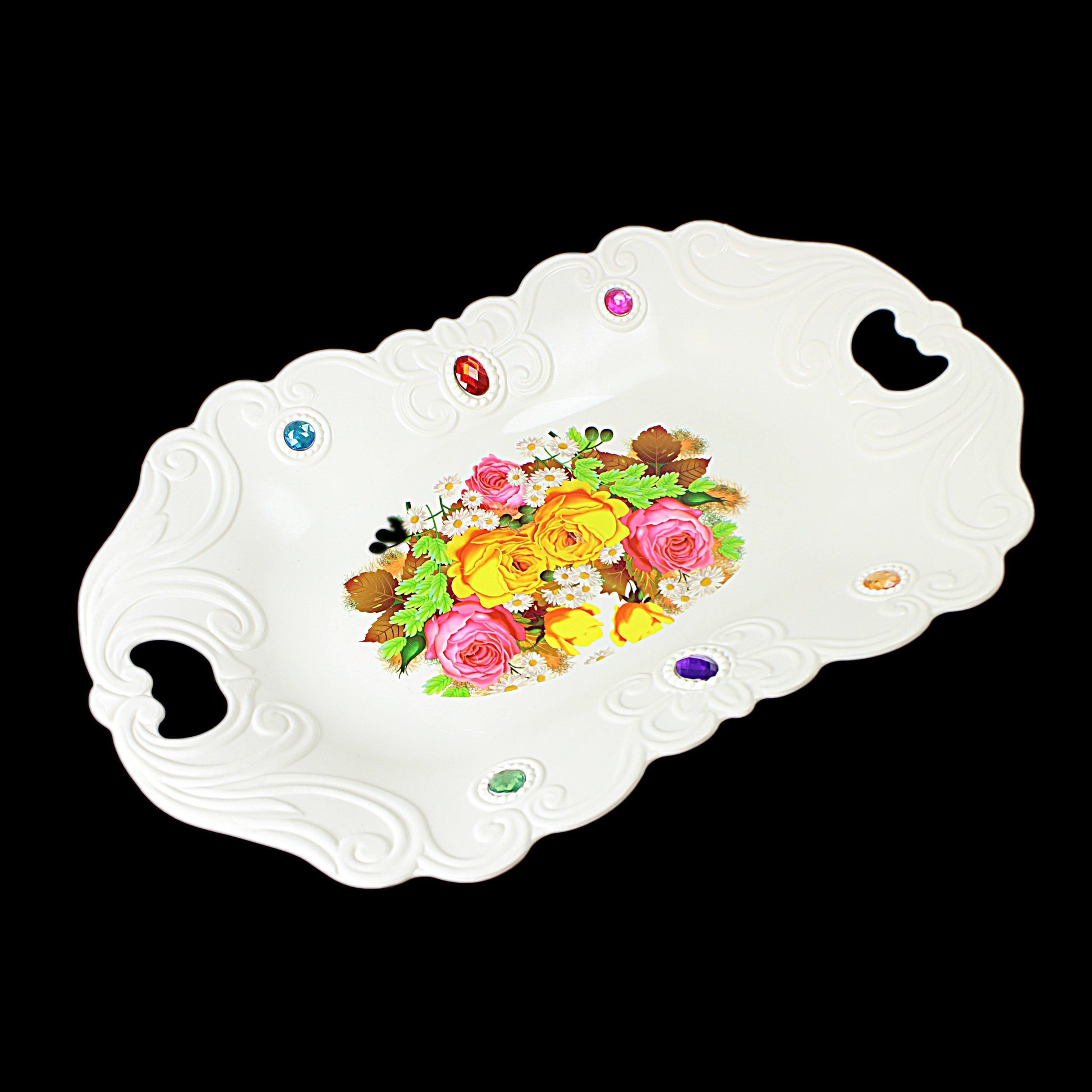 Elegant Plastic Serving Tray with Jeweled Accents and Stylish Printed Design