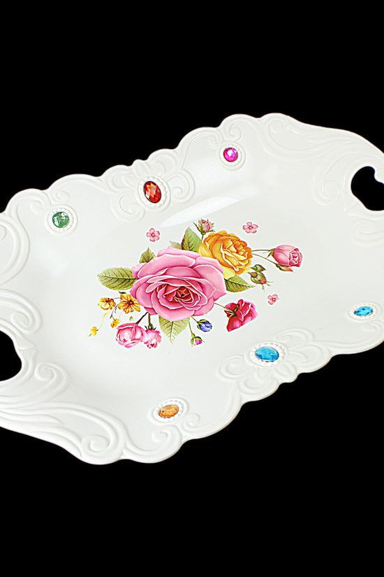 Elegant Plastic Serving Tray with Jeweled Accents and Stylish Printed Design