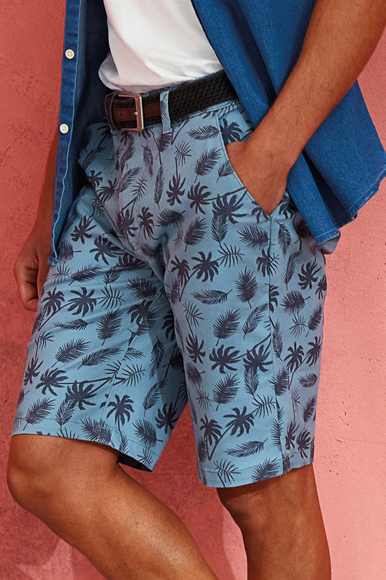 Mens Palm Print Cotton Shorts with Zip Fly and Rollable Hems