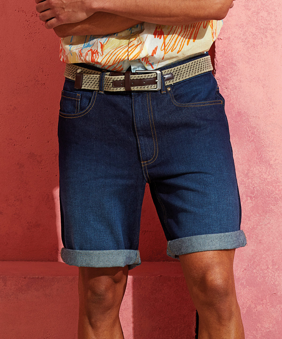 Mens Denim Shorts with Brass Details and Contrast Stitching