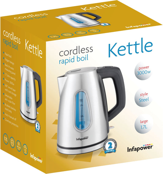 Infapower Cordless Rapid Boil Steel Kettle 3000W 17L Efficient Kitchen Appliance