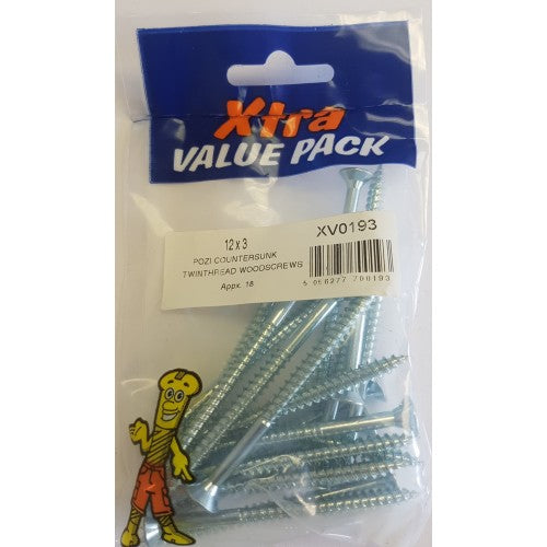 12 x 3 Pozi csk Twinthreads Woodscrews Xtra Value Pack