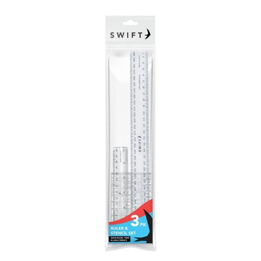 3Piece Stationery School Plastic Ruler and Stencil Set