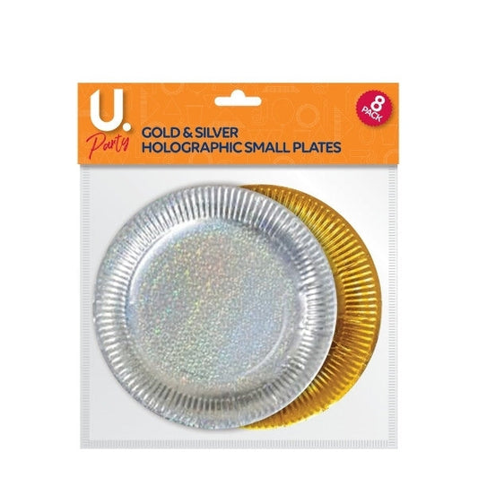 Holographic Small Paper Plates Gold Silver 8Pack Elegant Party Tableware