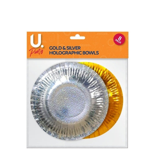 Sparkling Holographic Paper Bowls Set of 8 in Gold and Silver