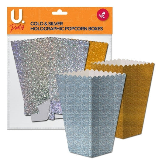 Disposable Holographic Popcorn Snack Boxes Gold Silver 8Pack