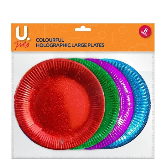 Colourful Holographic Large Paper Plates Pack of 8