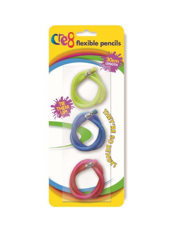 Assorted Flexible Pencils with Eraser Top Pack of 3