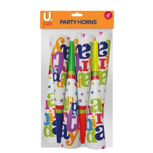 6Pack Paper Happy Birthday Party Horns Whistle Set