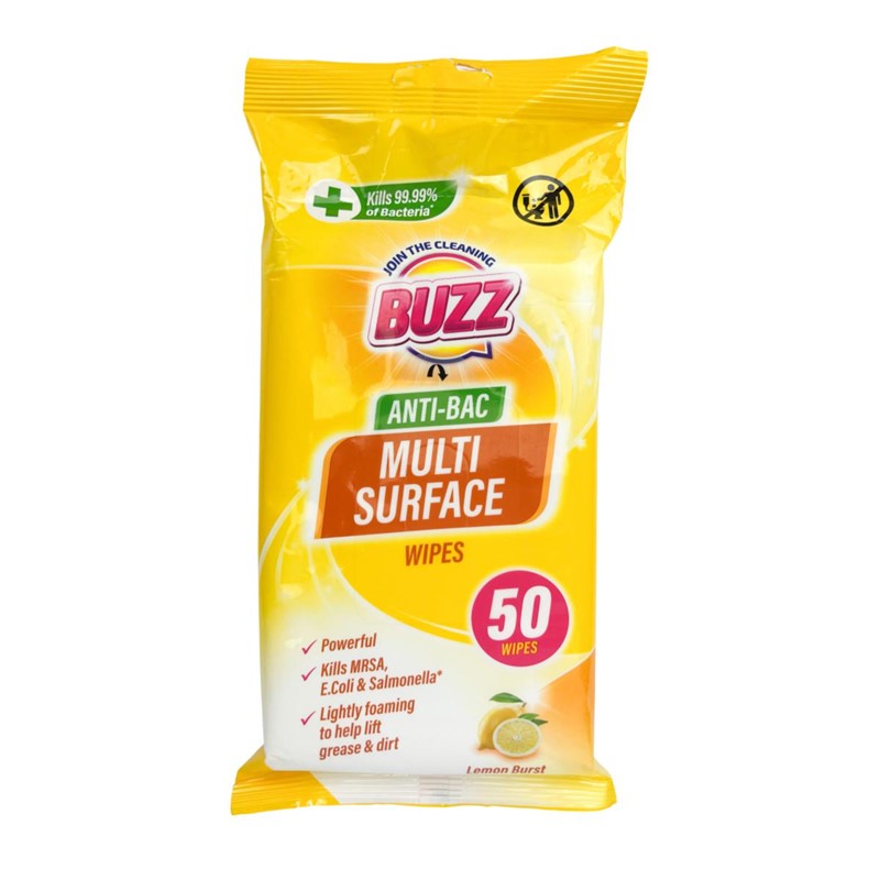 Buzz Multi Surface Antibacterial Wipes 50Pack Lemon Scented