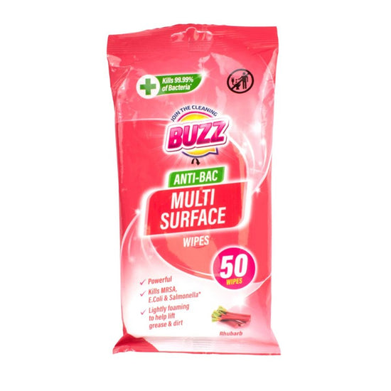 Buzz Multi Surface Antibacterial Wipes 50Pack in Rhubarb Scent
