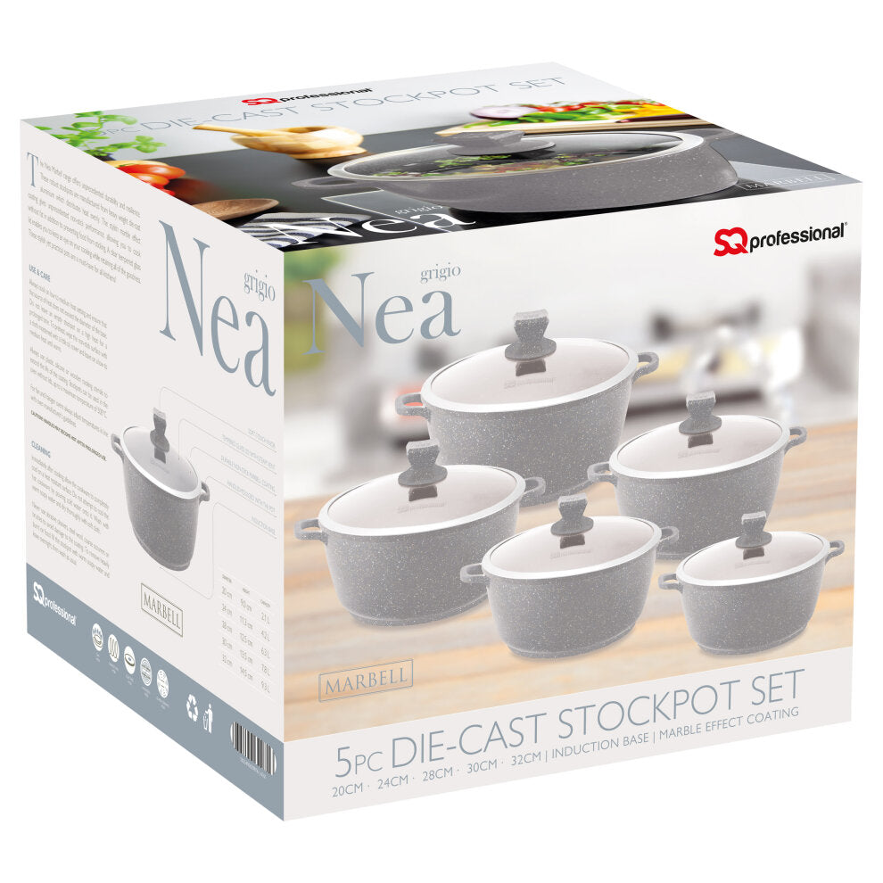 SQ Professional Nea Marbell Effect Diecast Stockpot Set 5Piece Grigio Cookware Collection