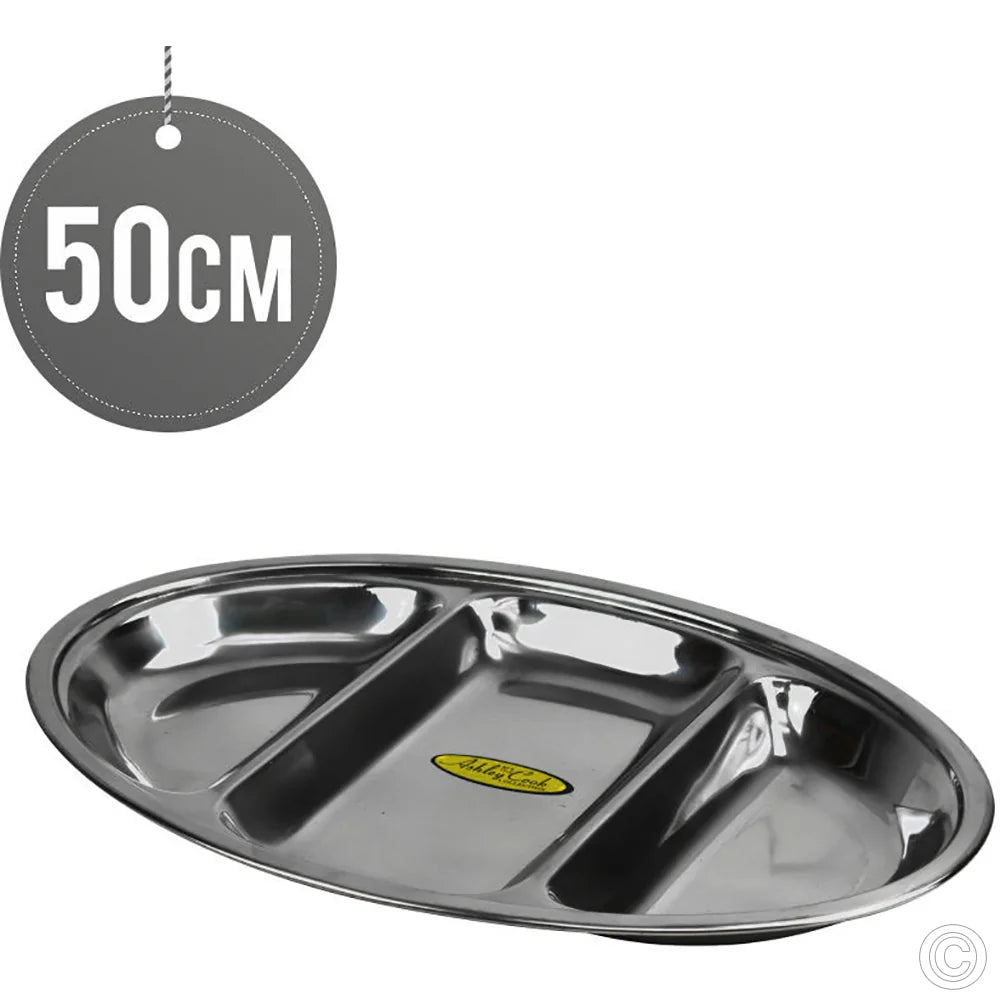 Large Stainless Steel 3 Compartment Serving Tray Platter 50cm