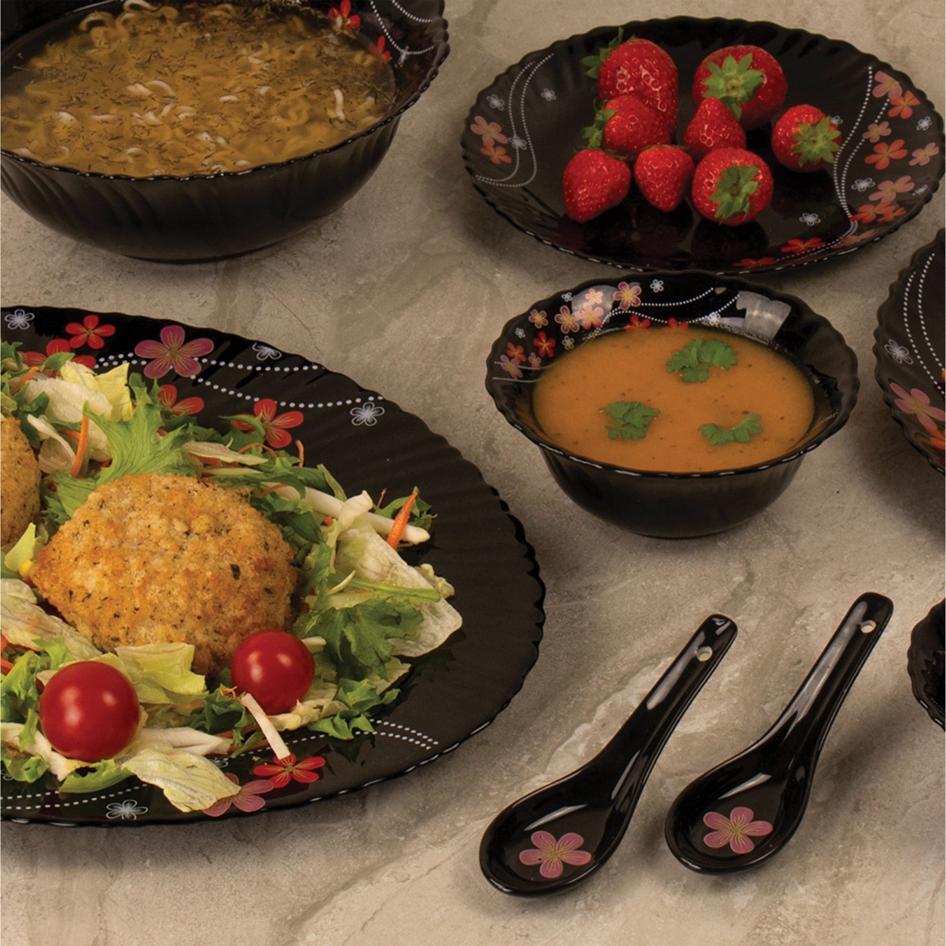 Durane Opal Glass Dinner Set 33pc Frilled Black A