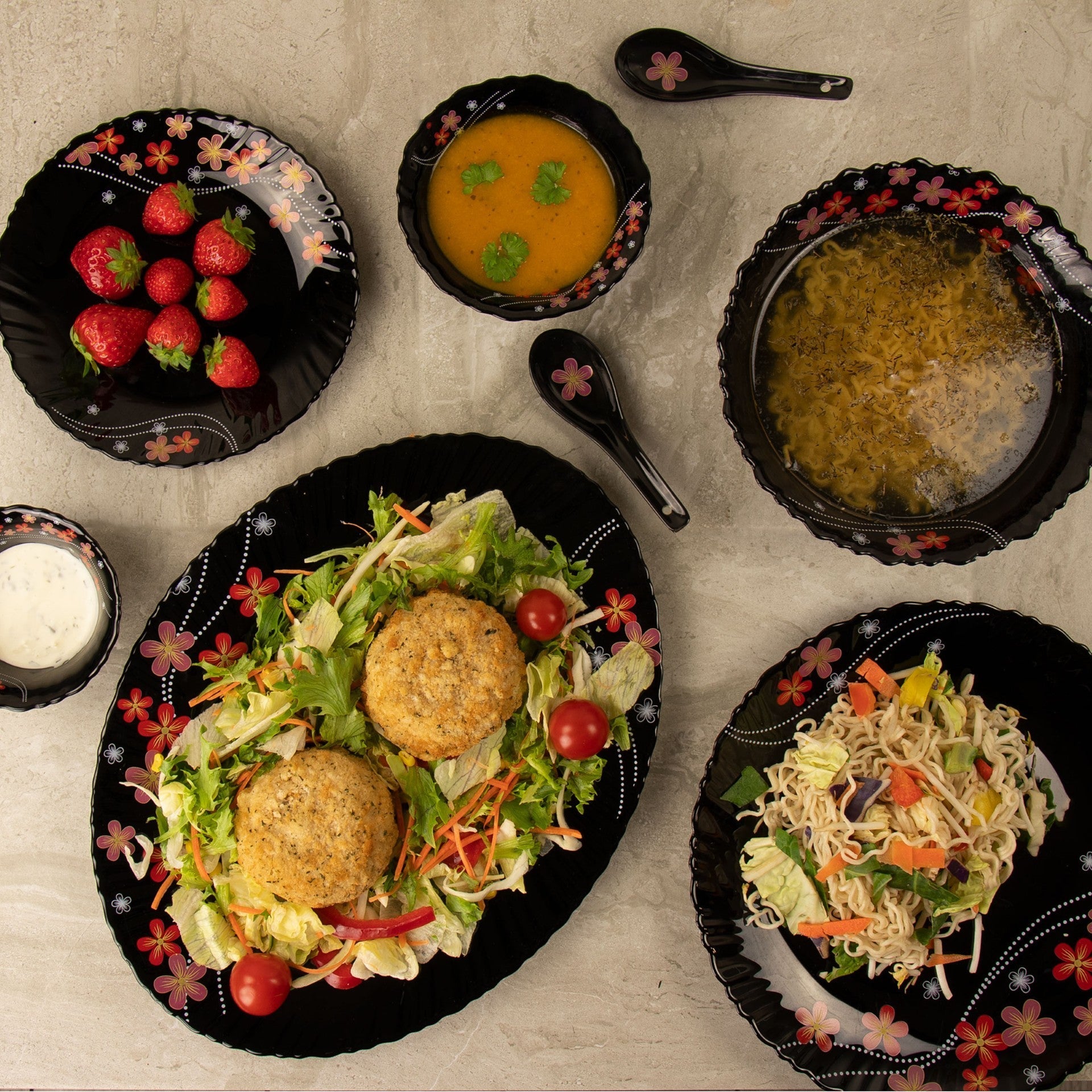 Durane Opal Glass Dinner Set 33pc Frilled Black A