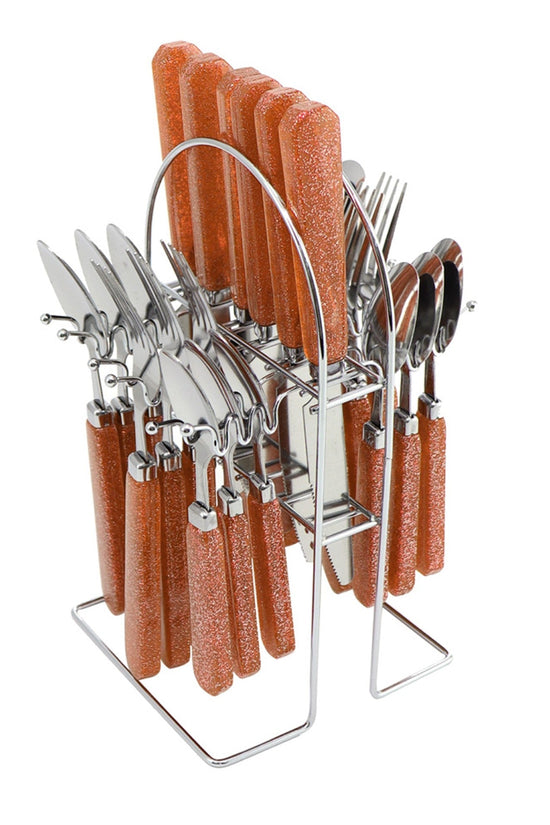 SQ Durane Metal Cutlery Set 24Piece Brown Glitter with Chrome Stand