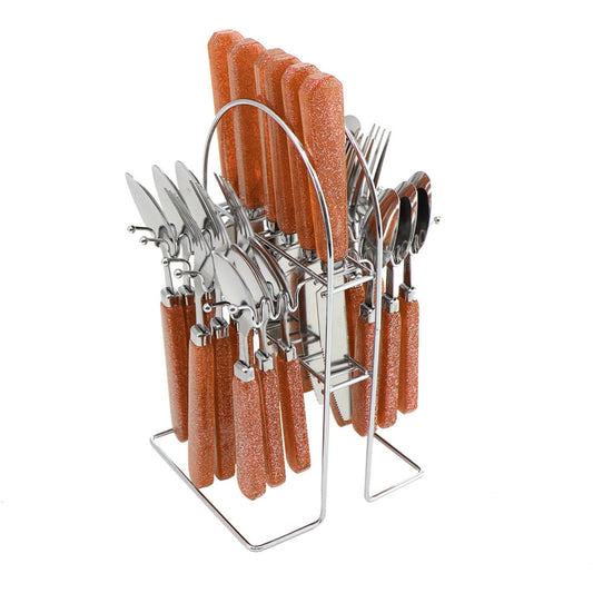 SQ Durane Metal Cutlery Set 24Piece Brown Glitter with Chrome Stand